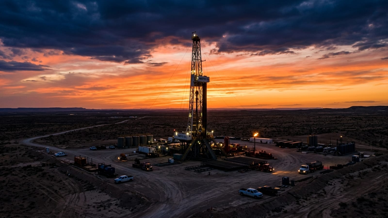 Oil drilling rig at dusk